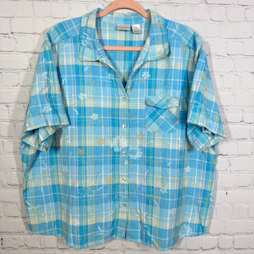 Cottage Shirt Plaid Floral Embroidered Women Plus Size 3X Check Button Cabin Top